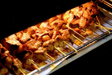 A close-up view of a traditional Turkish dish, beef liver kebab, being cooked in the oven. Chopped liver and tail fat are skewered and grilled in the oven. Turkish kebab. Local dishes. Healthy eating.