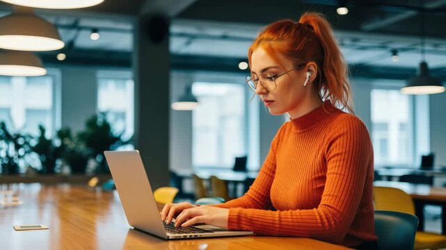 A young woman with vibrant red hair in a ponytail, wearing glasses and an orange turtleneck, focuses on her laptop while wearing wireless earbuds in a contemporary office setting