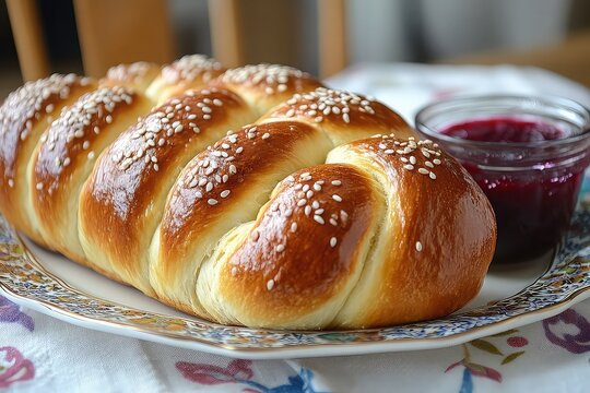 Freshly baked challah bread on a decorative plate with a side of jam and a sprinkle of sesame seeds