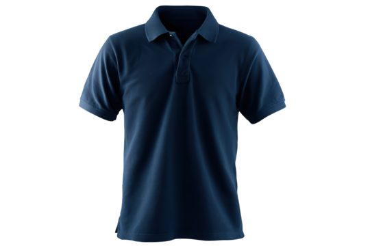 A classic dark blue short sleeve polo shirt professionally photographed on a simple black background
