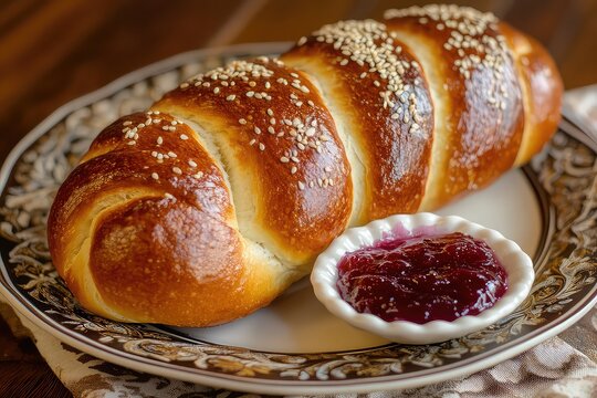 Freshly baked challah bread on a decorative plate with a side of jam and a sprinkle of sesame seeds