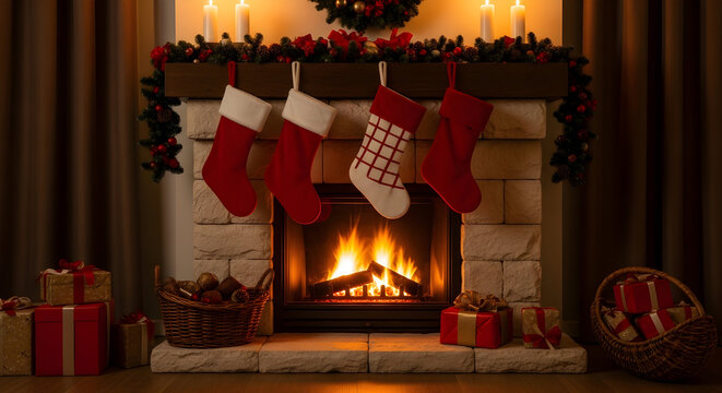 Cozy Christmas fireplace with stockings and gifts, a warm and inviting holiday scene - Powered by Adobe