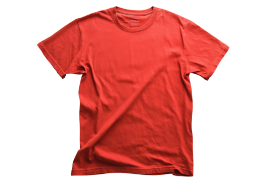 A classic red short-sleeve t-shirt with a comfortable crew neck is laid out against a stark black backdrop