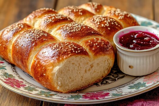 Freshly baked challah bread on a decorative plate with a side of jam and a sprinkle of sesame seeds