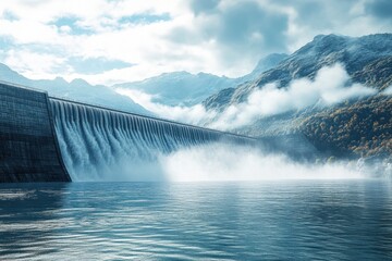 Fototapeta premium A breathtaking view of a massive dam cascading water into a serene lake surrounded by mountains
