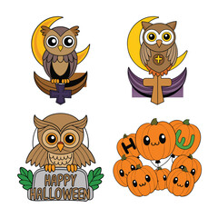 Collection of Halloween cartoon illustrations featuring cute owls, pumpkins, spooky decorations, and autumn-themed elements, perfect for seasonal designs, stickers, cards, and festive creative project