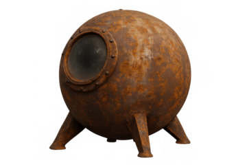 Rusty steampunk metal pod with porthole and landing legs, vintage futuristic design on transparent background