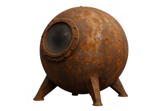 Rusty steampunk metal pod with porthole and landing legs, vintage futuristic design on transparent background