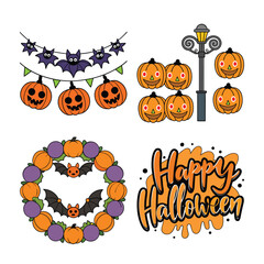 Festive Halloween Decorations Collection with Pumpkins, Bats, and “Happy Halloween” Text Graphic – Spooky Seasonal Vector Art for Party Invitations, Posters, and Holiday Designs