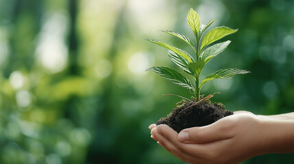 Eco-friendly hand holding plant with soil and green bokeh background