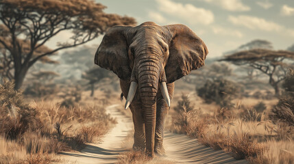Fototapeta premium Elephant in the African savannah on a dirt road