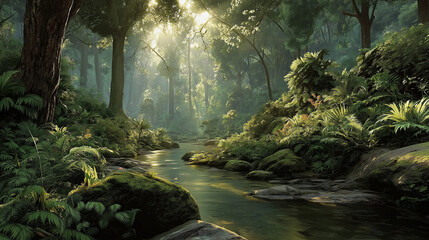 Rainforest with towering trees, stream, and exotic animals