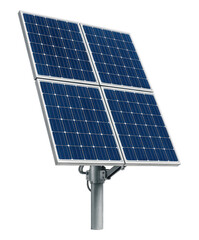 A set of four modern photovoltaic solar panels on a single metal pole mount for renewable green energy, Isolated on Transparent and White Background