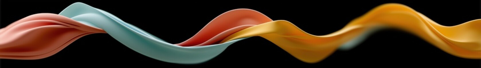 Obraz premium A 3D rendered abstract background featuring three intertwined, ribbon-like forms flowing horizontally in a wave-like motion. The shapes are colored in pastel shades of pink, light blue, and golden yel