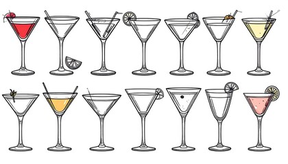 Variety of cocktails in martini glasses