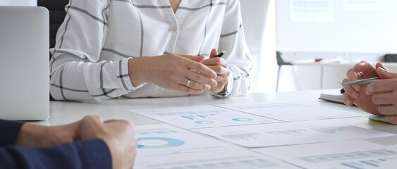 Business meeting with colleagues discussing charts and graphs, analyzing financial reports and strategy plans, teamwork collaboration in modern office setting