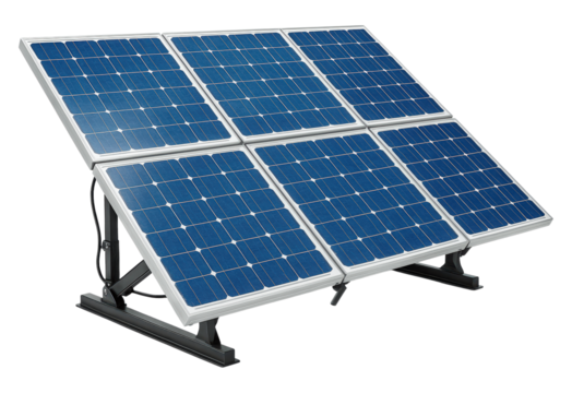 A ground-mounted solar panel system with six photovoltaic modules on an adjustable black stand for renewable energy, Isolated on Transparent and White Background