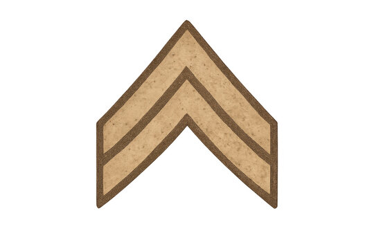 Military corporal rank insignia showing two chevrons. Army uniform patch on transparent background conveying grade