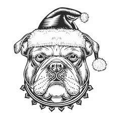Bulldog in Santa Hat: Black and White Vector Illustration