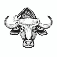 Bull in Santa Hat: Black and White Vector Engraving