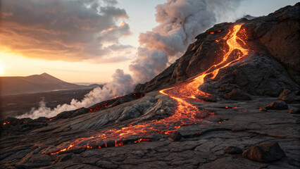 Fototapeta premium Molten lava flowing down a volcanic slope under a fiery sunset sky, detailed textures and glowing heat create dramatic realism 