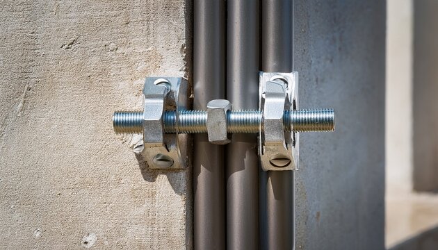 close up of metal conduit clamp with screw fixing electrical steel pipe to concrete wall in industrial installation