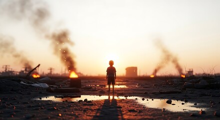 A lone child stands in a desolate landscape with fires burning in the background at sunset