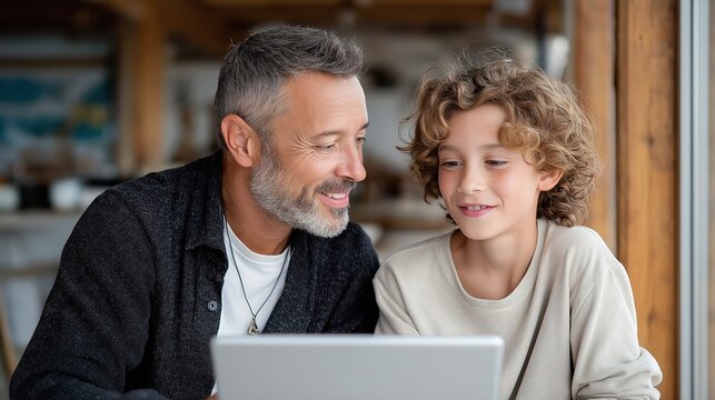 A close-up shot of a smiling middle-aged father with salt-and-pepper hair and his young son with curly hair sitting together and looking at a laptop screen. The father is looking at his son, while the
