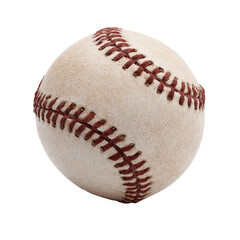 A classic well-worn baseball featuring iconic red stitching is isolated against a solid black background showcasing its textured surface