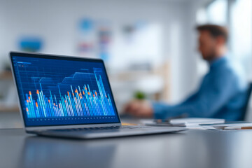 Laptop displaying detailed financial and data analytics charts on screen with businessperson analyzing trends in modern office environment