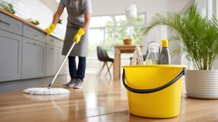Fototapeta premium A low-angle shot focusing on a yellow bucket filled with cleaning supplies, including spray bottles and soap, sitting on a shiny wooden floor. In the blurred background, a person wearing yellow rubber
