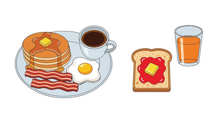 A colorful illustration displaying a hearty breakfast spread with various foods