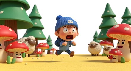 Cartoon boy running through a whimsical forest with sheep and mushrooms, isolated on white background