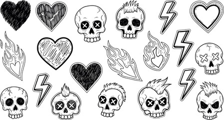 Collection of sketched and outlined icons representing skulls, hearts, and lightning bolts in a black and white style, ideal for graphic design and creative projects