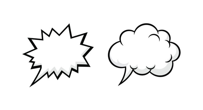 Two cartoon speech bubbles one with starburst effect in black and white