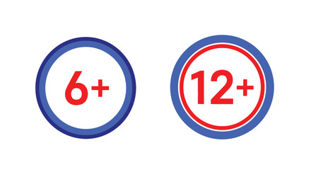Two circular rating symbols displaying age restrictions six plus and twelve plus