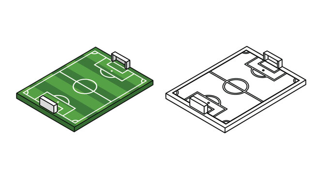 Isometric view of a green soccer field and a wireframe concept