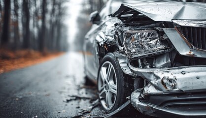 Fototapeta premium A heavily damaged silver sedan involved in a car accident on a wet forest road, showing severe front-end impact and crumpled bodywork with debris scattered around.