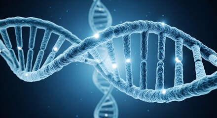 3d Dna Double Helix Structure with Blue Glow Against Dark Background