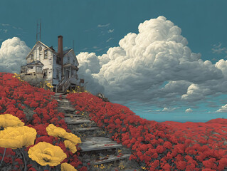 Old House on Red Poppy Hill with Cloudy Sky (Surreal Painting)