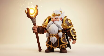 A fantasy dwarf warrior with a white beard, golden armor, and a glowing staff, holding it aloft with magical energy