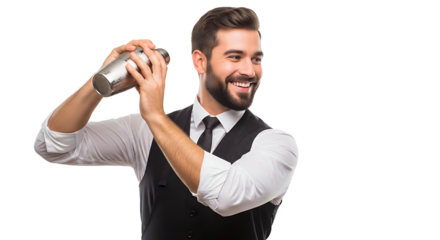 Smiling bartender expertly shaking a cocktail with precision on transparent background
