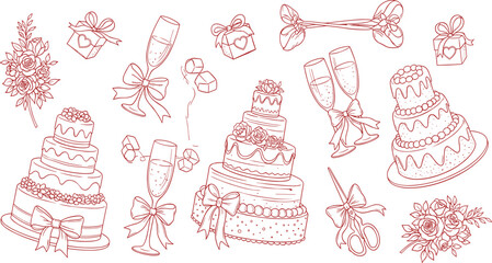 Hand-drawn wedding icons including cakes, champagne flutes, gifts, and flowers, perfect for invitations and decorations