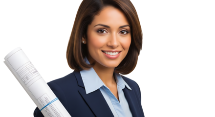 Smiling young businesswoman architect holding blueprints under her arm on transparent background