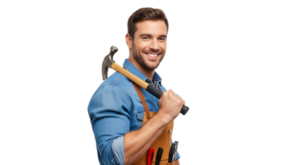Cheerful carpenter posing confidently with hammer, showcasing expert craftmanship on transparent background