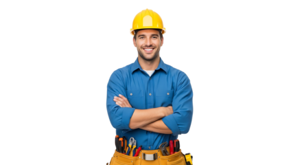 Smiling technician wearing a yellow helmet and tool belt on transparent background