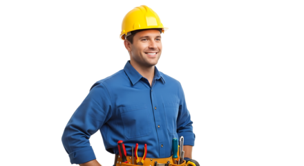 Confident construction worker with tool belt looks onward on transparent background