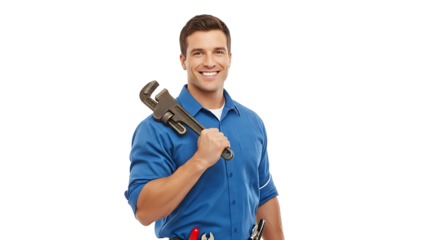 Handsome smiling plumber carrying a pipe wrench on transparent background