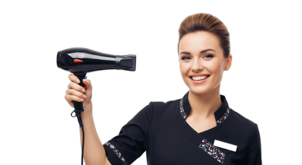Smiling woman holding hair dryer in beauty salon uniform on transparent background