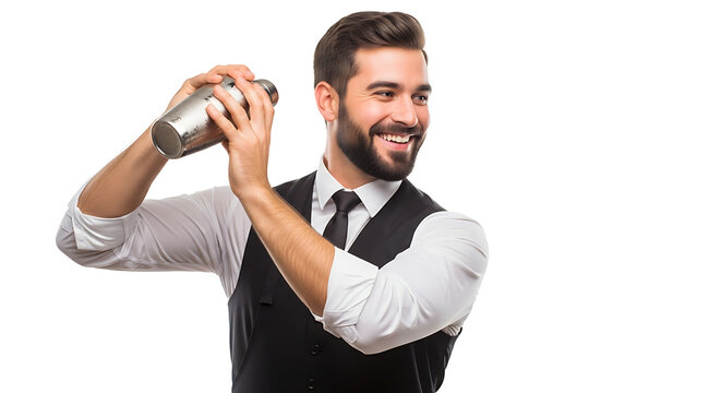 Smiling bartender expertly shaking a cocktail with precision on transparent background